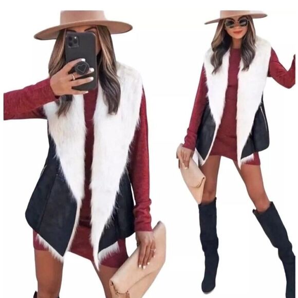 VICI EXCLUSIVE x FATE ivory faux fur black faux leather boho vest M NWT - Picture 2 of 11